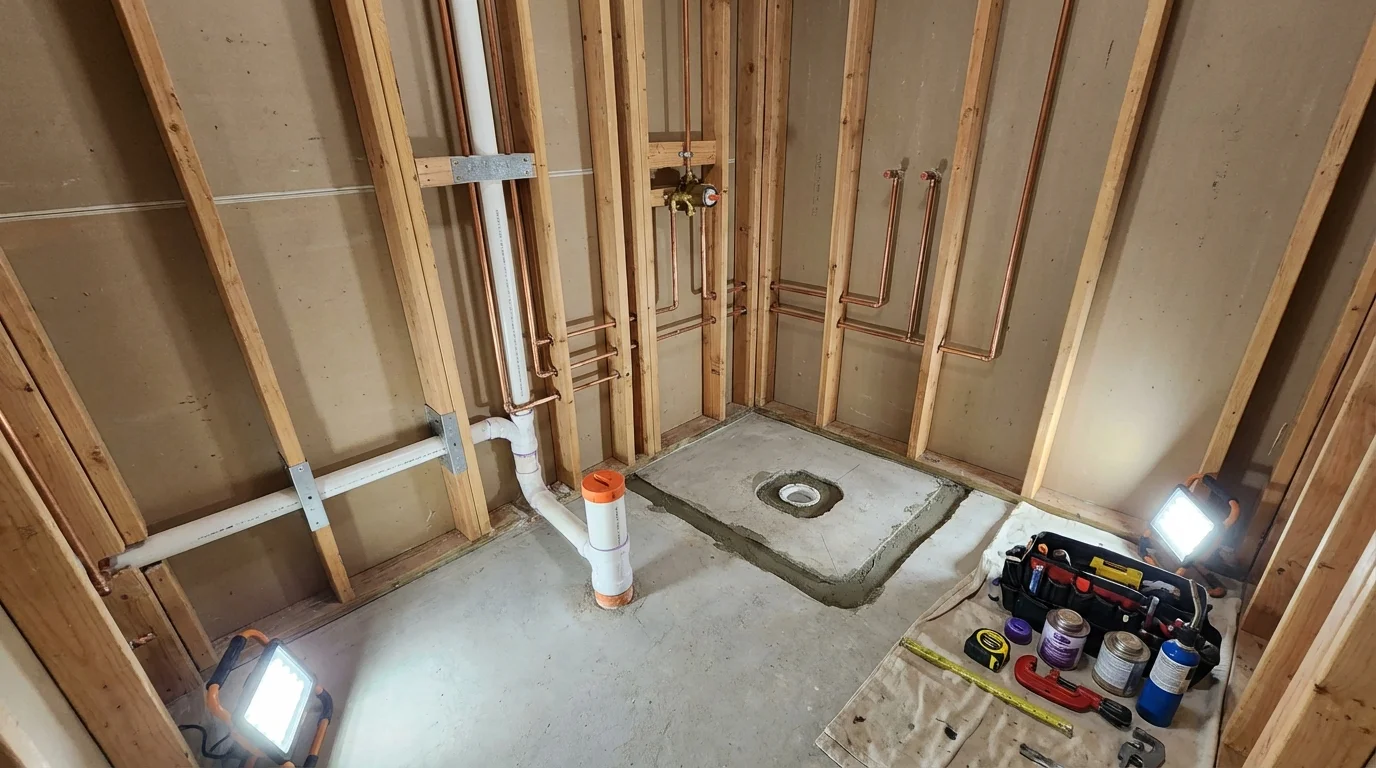 Bathroom rough-in plumbing during remodel by Johns Plumbing LLC in Nisswa
