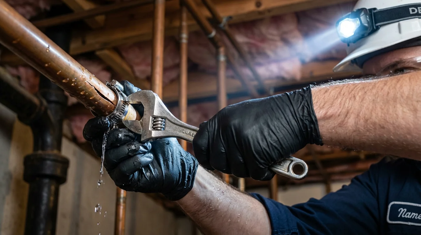 Emergency pipe clamp repair being performed by a Johns Plumbing LLC plumber in Nisswa