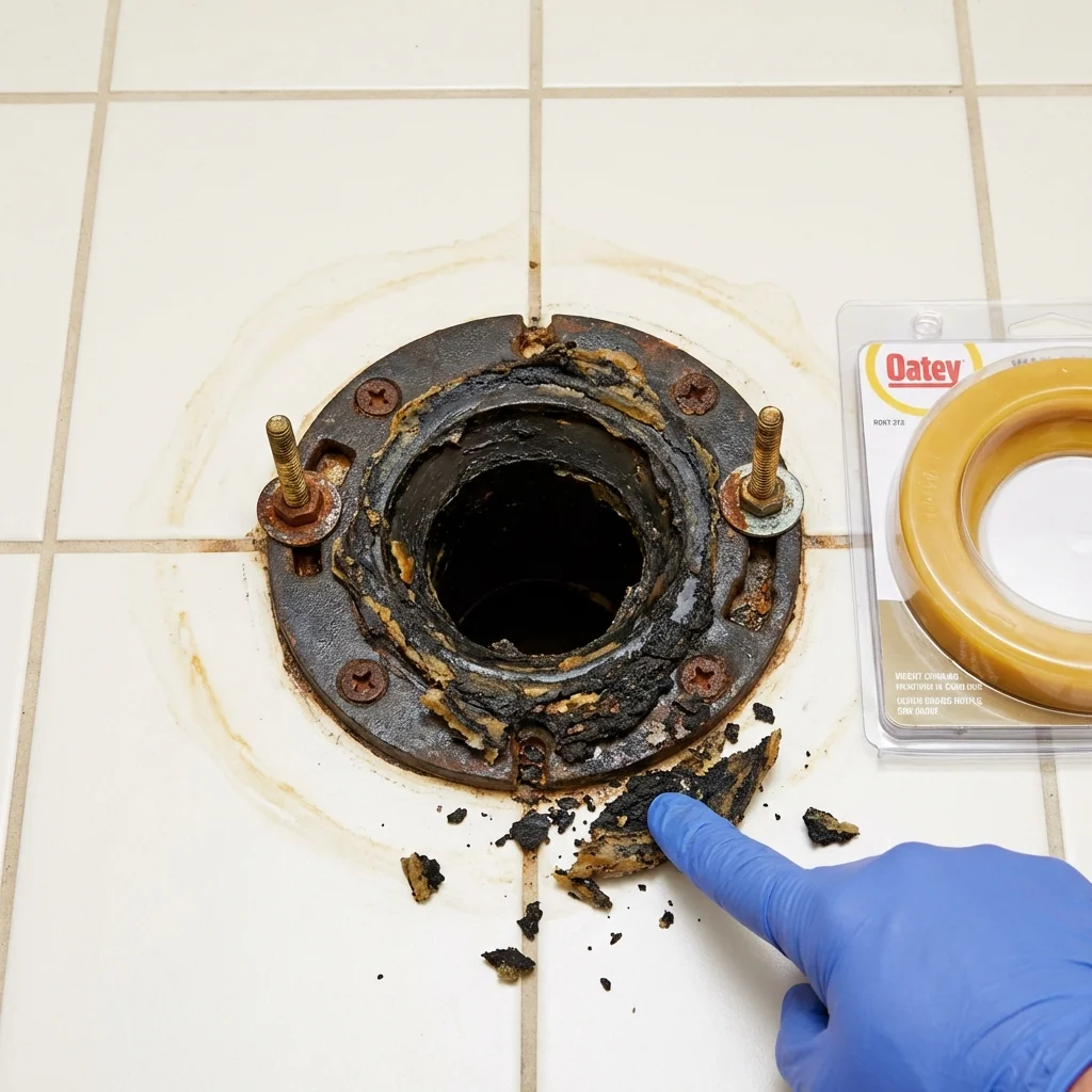 Failed wax ring showing water seepage at the base of a toilet in a Nisswa, MN home