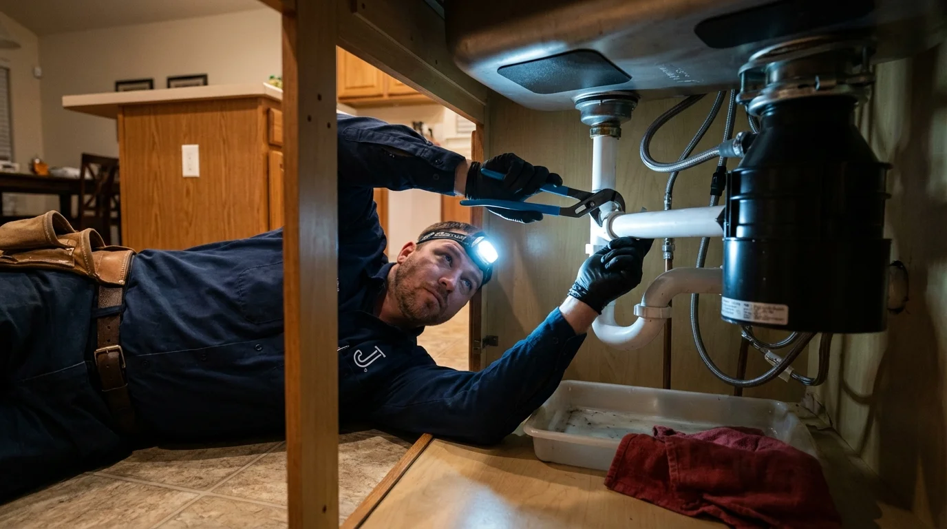 P-trap and supply line connections under a kitchen sink showing a common leak point in Nisswa, MN